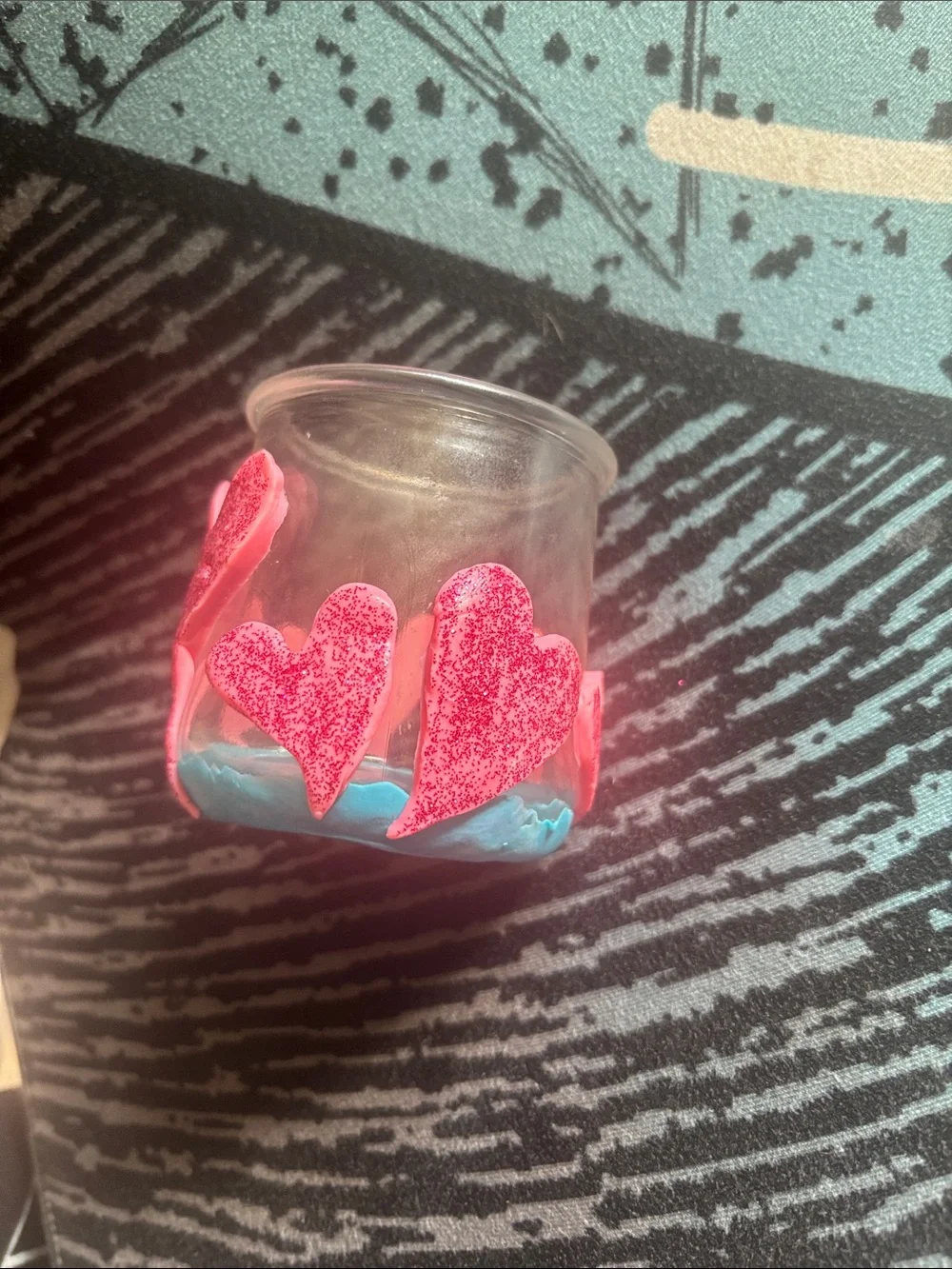 Handcrafted Clay Covered Glass Holder with Pink Heart Accents